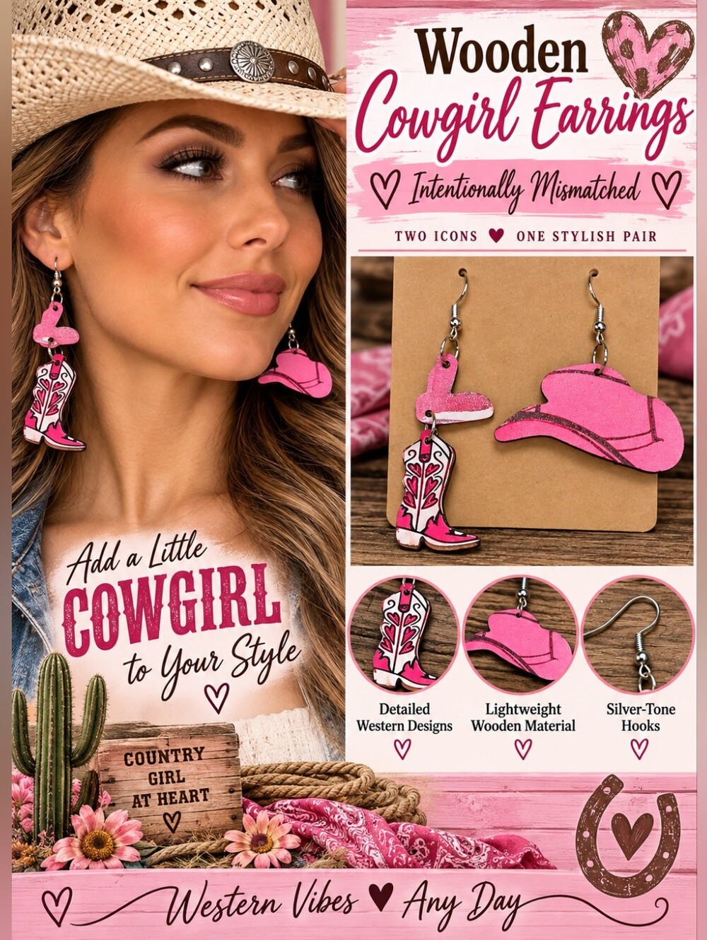Wooden Cowgirl Earrings - Pink Cowboy Boot & Hat -